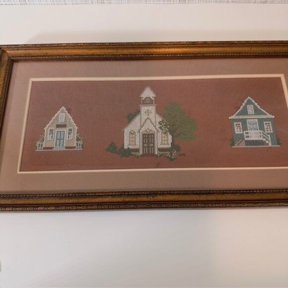 Vintage Framed Matted Cross Stitched Embroidered Folk Art Cabin/Church/LakeCabin - Picture 2 of 16